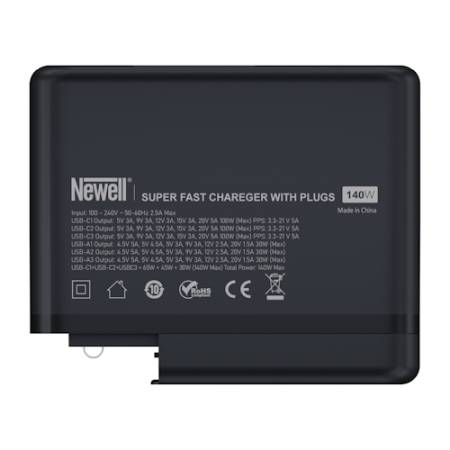 Newell NL3937 GaN Tech T-power 140 - zestaw, ładowarka sieciowa z adapterami sieciowymi, 140W_Tył zasilacza z parametrami_4